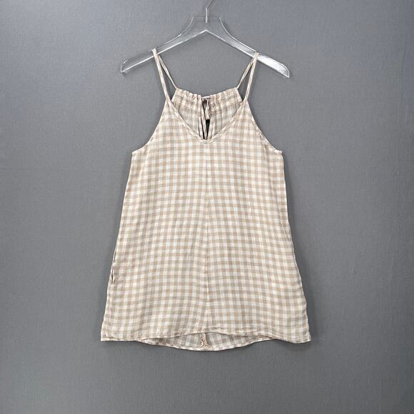 NOTPERFECTLINEN Linen Tunic Mini Dress Womens XS White Tan Gingham Check Strappy - Picture 3 of 14